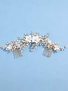 1pc Ceramic Flower Rhinestone Faux Pearl Decorated Elegant Hair Comb, Suitable For Bride Wedding, Daily Party Outfit, Banquet And Other Women's Hair Accessories - Gold - View 2