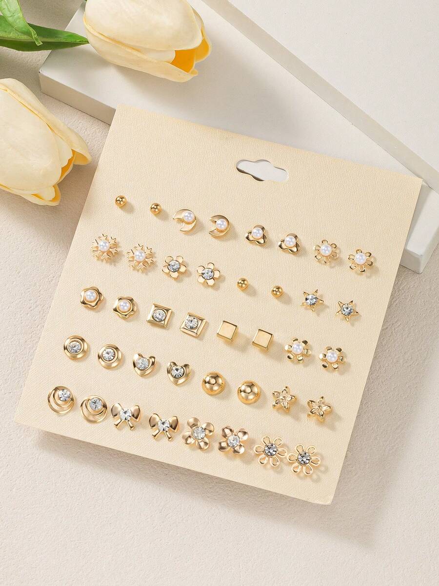 20 Pairs Minimalist Fashion Stud Earrings Set, Exquisite Square Snowflake Heart Moon Multi-Element Earrings, Non-Repeating Designs, Suitable For Women's Daily Wear, Vacation, Beach, Low-Allergy Jewelry Gift For Friends - Yellow Gold - View 1