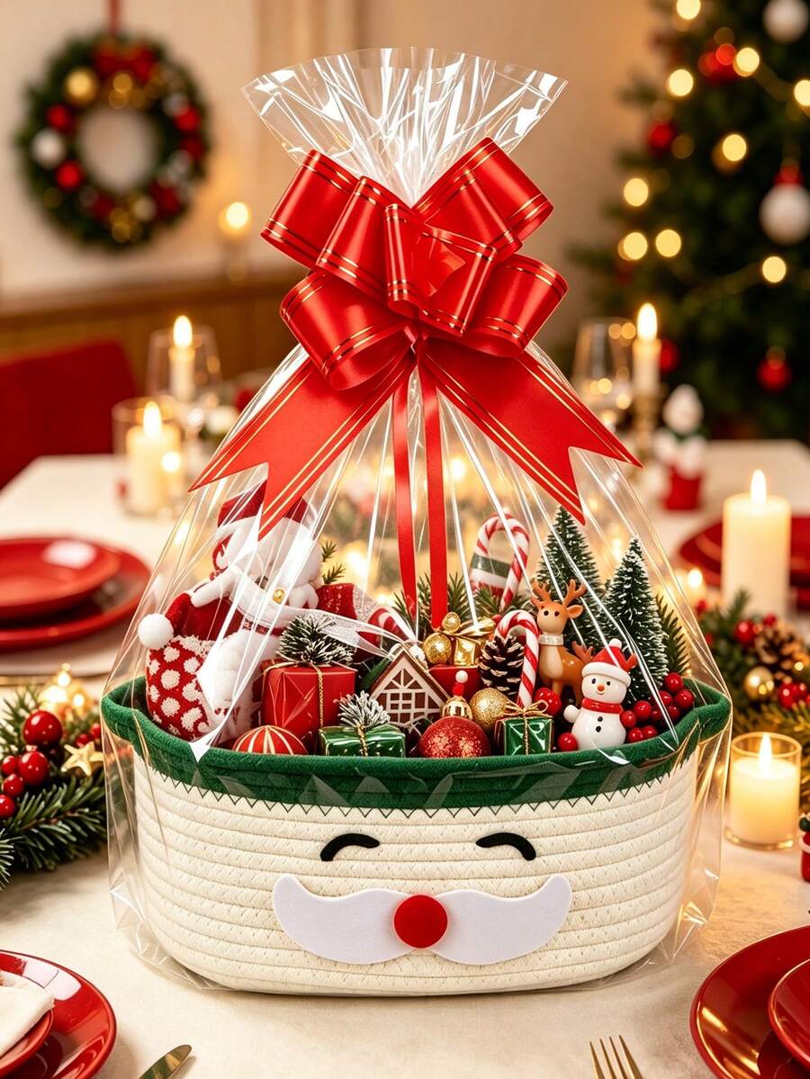 3pcs Christmas Cartoon Storage Baskets, Santa Claus & Snowman Storage Baskets With Gift Bags And Ribbons, Holiday Clutter & Gift Storage Baskets, Home Organization Storage Baskets, Christmas Party Decor, Cute Gift Packaging Storage Boxes - Multicolor - View 1