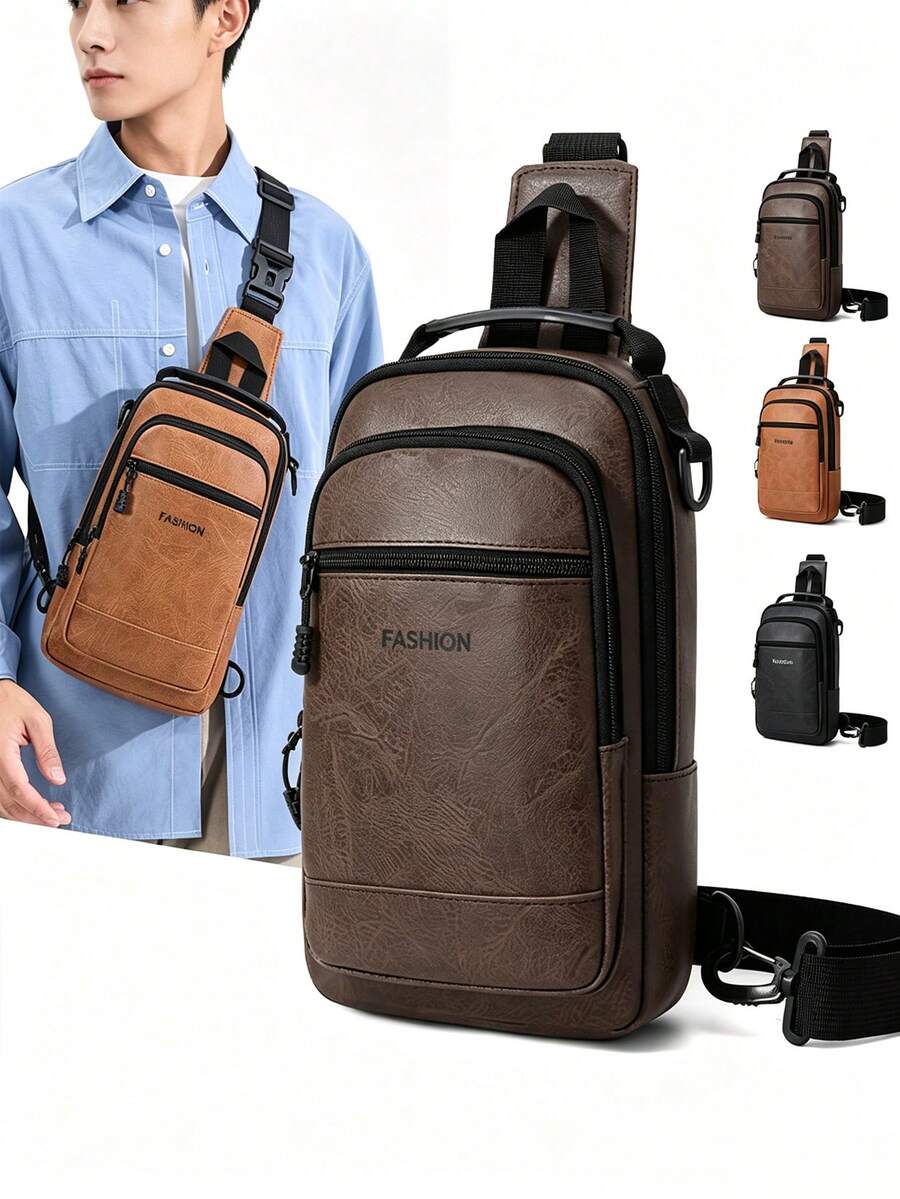 Men's Vintage PU Leather Chest Bag, Multi-Pocket Large Capacity Crossbody Shoulder Bag, Casual Handheld Chest Bag For School, Commute, Travel, Phone Storage