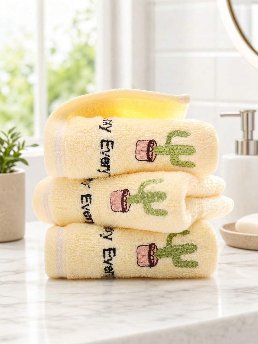 1/3 Pack 9.8*19.7 Inch 100% Pure Cotton Cactus Embroidered Hand Towel, Thickened Skin-Friendly Soft Face Towel, High Absorbency, Suitable For Shower, Kitchen Hand Drying, Makeup Removal, School, Travel And Daily Home Use - Yellow - View 1