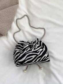 Dedoo 2026 New Zebra Print Drawstring Bucket Bag, Women's Fashion Chain Crossbody Bag With Pearl Decoration, Casual Mini Shoulder Handbag - Black and White - View 8