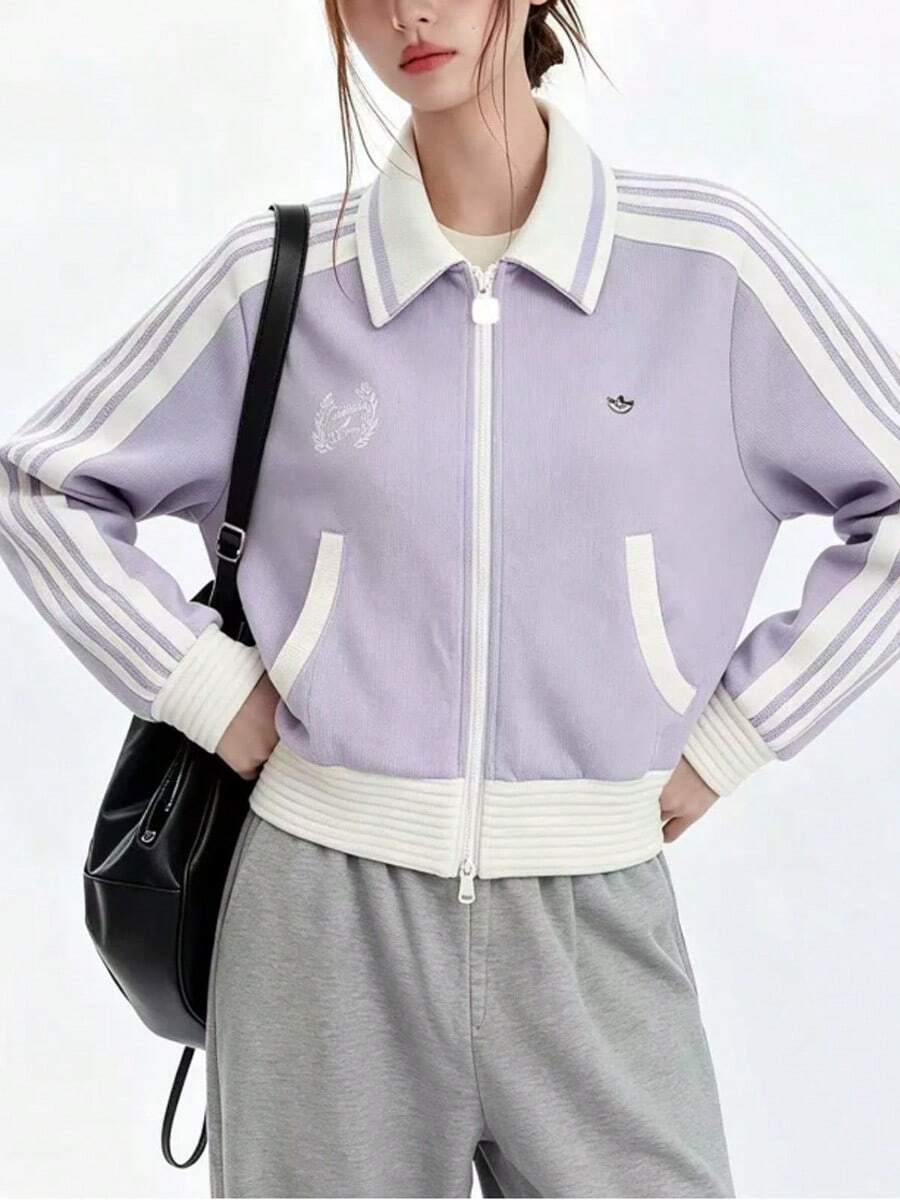 adidas originals TRACK TOP W Áo khoác nữ phong cách thời trang, dễ phối đồ, thoải mái, kẻ sọc, khóa kéo, dệt kim hai lớp, mềm mại cho mùa xuân sớm - Màu tím - Xem 1
