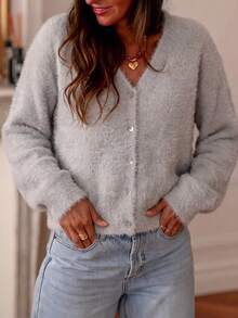 Just Masa Women's Fall Winter Casual Button Up V Neck Fuzzy Sweater Cardigan,Long Sleeve Solid Color Simple Basic Coat,For Daily Wear,Going Out,Social - Light Grey - View 6