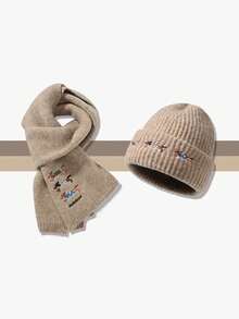Men's Warm Rib-Knit Beanie Hat & Scarf Set With Dachshund Embroidery, Soft Winter Matching Accessories - Hat and Scarf Set - View 11