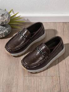 Kids' Spring/Autumn Retro Loafers Slip-On Easy On/Off Metal Horsebit Buckle Decor Round Toe Toe Protection Thick Sole Non-Slip Durable Casual School Party Shoes For Boys And Girls - Brown - View 3