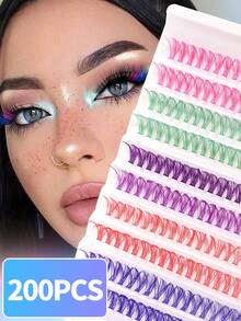 200pcs 12/14mm Rainbow Color D Curl Vacation Style False Eyelashes, Soft Segmented Lashes, 5 Colors Available, Suitable For DIY Beginners, Perfect For Daily Wear, Party And Holiday Makeup, Colorful Fashion False Eyelashes - D - View 2