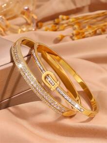 2pcs Gold Tone Stainless Steel Bracelets, Pave Rectangular Zirconia, Shiny Transparent, Exquisite Eye-Catching Wrist Accessory - Gold - View 1