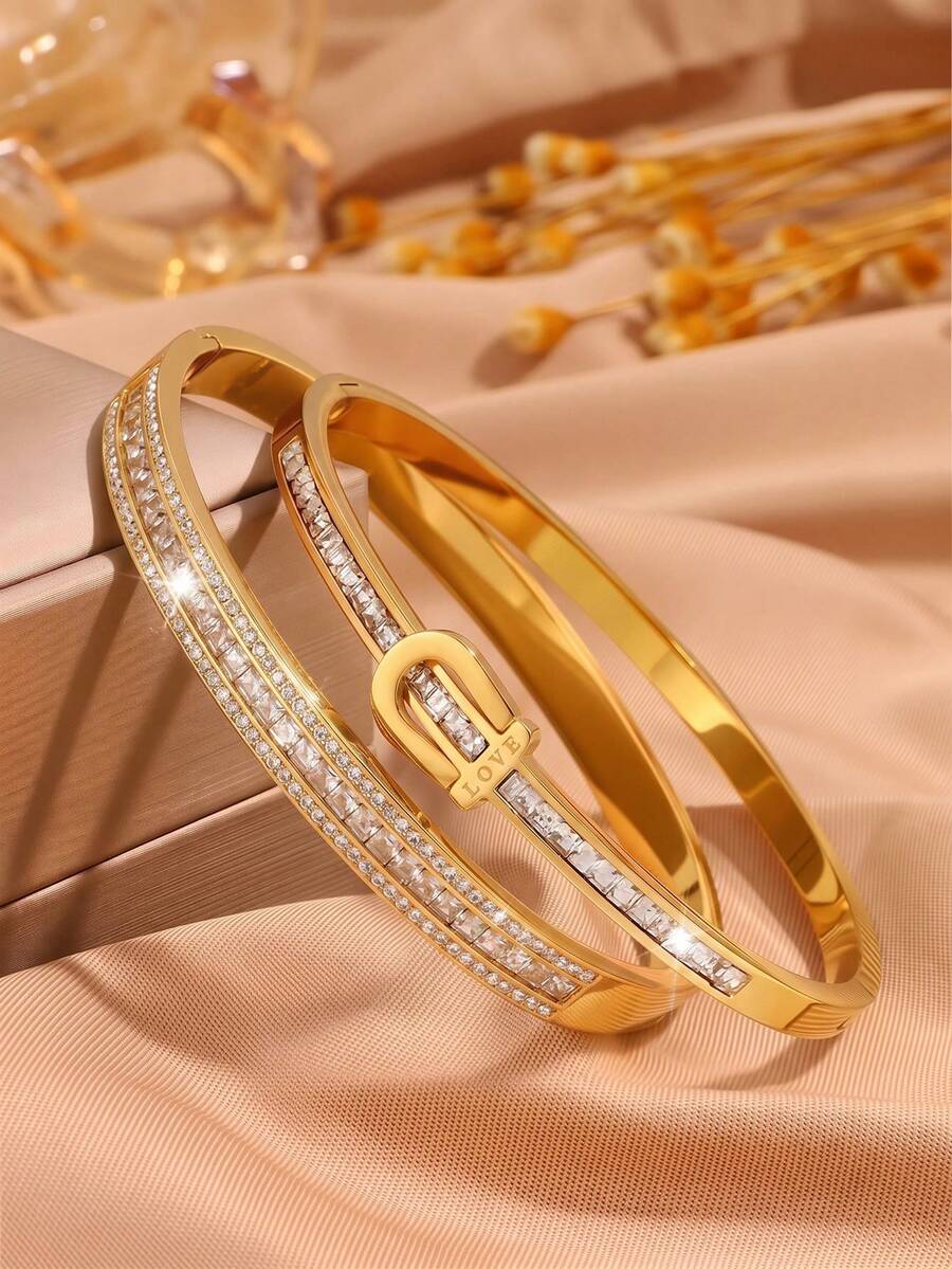 2pcs Gold Tone Stainless Steel Bracelets, Pave Rectangular Zirconia, Shiny Transparent, Exquisite Eye-Catching Wrist Accessory - Gold - View 1