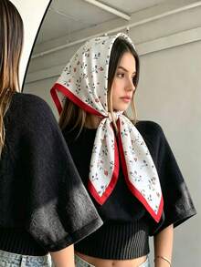 1pc All-Season Versatile Fashion Retro Dark Brown Paisley Floral Small Square Scarf, Multi-Use Headwrap Silk Scarf, Decorative Neck Scarf - White With Red Floral Print - View 2