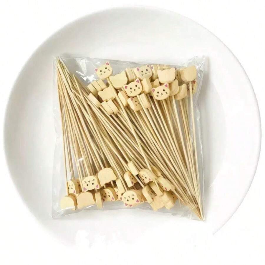 Cute Cat-Themed Decorative Bamboo Picks (100 Pcs/Pack) – Disposable Picks For Fruit, Desserts, And Sandwiches - Multiple Styles - View 1