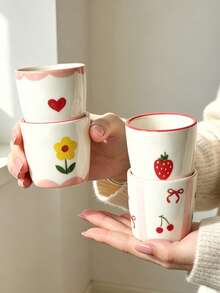1pc/2pcs/4pcs Korean Ins Style Cute Hand-Painted Mini Ceramic Cups, Fresh Strawberry Cherry Heart Flower Small Coffee Cups, Kawaii Porcelain Tea Cups For Home Kitchen, Girls Gift, Microwave , Espresso Cups - Multicolor - View 13