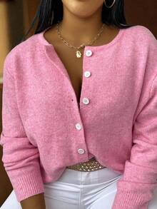 Plus Size Women's Casual Versatile Rose Pink Solid Color Knit Cardigan, Autumn/Winter - Pink - View 9
