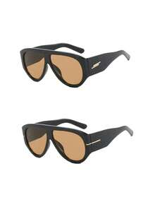2pcs Women's Fashion Oversized Aviator Frame Fashion Glasses, European & American Minimalist Street Style Hip-Hop Toad Glasses - Black-framed Tea Leaves *2 - View 5