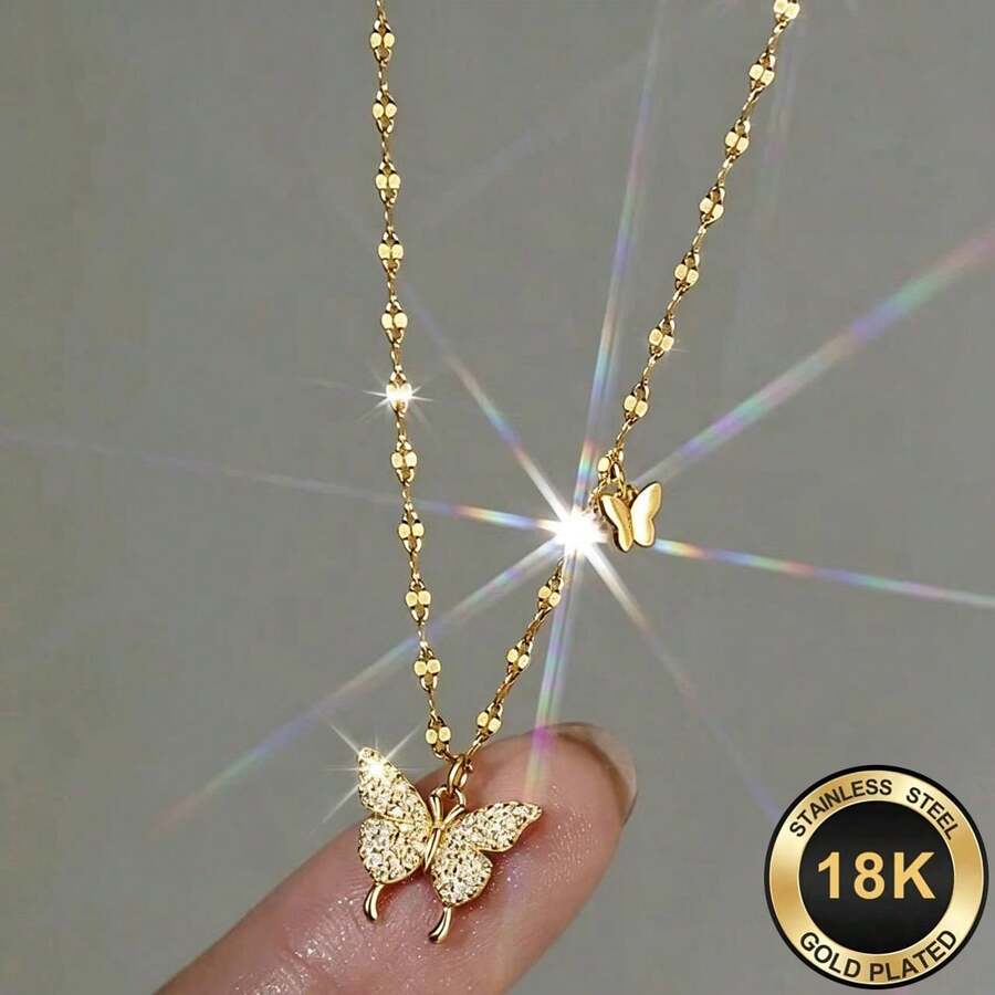1pc Exquisite Sweet Butterfly Zirconia Necklace For Women, Luxury High-End Collarbone Chain, Versatile Niche Design Neck Accessory - Gold - View 1