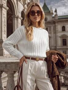 NiceArt Sweater Rajut Minimalis Warna Beige untuk Wanita, Atasan Lengan Raglan Rajut Kabel, Cocok untuk Pemakaian Sehari-hari, Bepergian, dan Acara Sosial - Krem - View 7