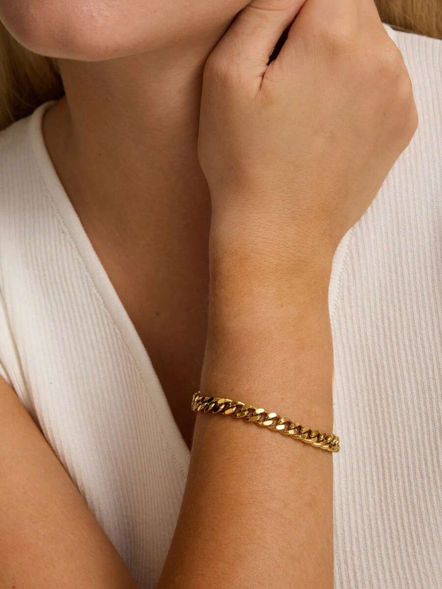1pc Women's Bracelet, Beach Vacation Layering Style, Non-Fading Non-Rusting Stainless Steel Women's Hip Hop Thick Cuban Chain Bracelet, Daily Accessory Gift - Yellow Gold - View 1