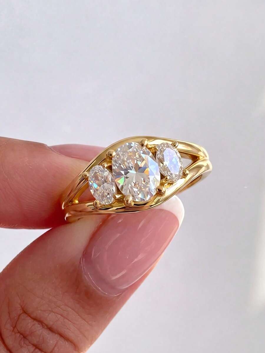 1pc Elegant Curved Three-Stone Cubic Zirconia Ring, Unique Exquisite Design, Suitable For Women, Perfect For Parties And Events, Finely Crafted Jewelry, Girlfriend Anniversary Gift