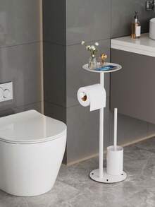 1pc Freestanding Toilet Paper Holder With Toilet Brush, Built-In Storage Tray, Space Saving Floor Rack, Multi-Function Bathroom Accessory, Tissue Roll Dispenser, Great For Small Restroom, Apartment, Tiny Home, Bathroom Accessory Set - Multicolor - View 12