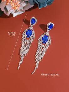 1 Pair Water Drop Crystal Tassel Pendant Earrings, Copper Tassel Earrings, Wedding Bride Ball Party Evening Jewelry - Silver Blue - View 4