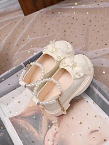 Girls' Bow & Pearl Anklet Decor Mary Jane Shoes, Princess Shoes, Birthday Party Dress Performance Versatile Shoes - Beige - View 3