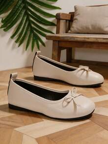1 Pair Women's Beige Bow Decor Round Toe Flat Ballet Shoes Fashion Design Daily Slip‑On Flat Shoes - Beige - View 7