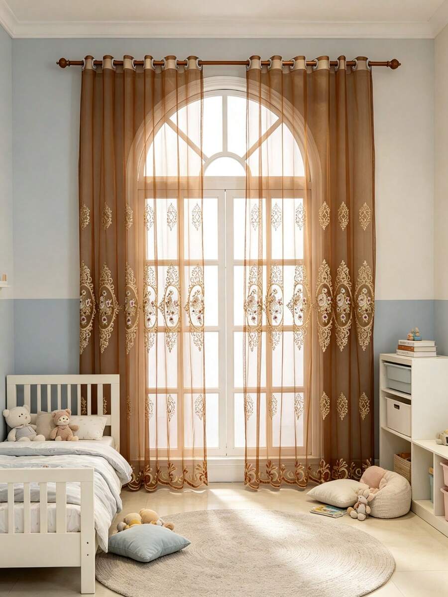 1PC Perforated Coffee Color European Style Embroidered Sheer Curtain ...