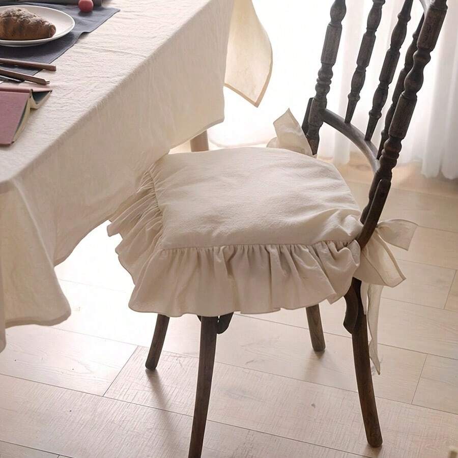 French Country Style Dining Chair Cushion Cover, With Ties, Ruched Lace Decor, Suitable For All Seasons, Machine Washable, Outer Cover Only, Inner Cushion Not Included - Multicolor - View 1