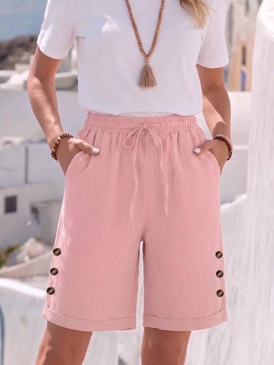 Jisfaneya Women's Button-Pocket Casual Cropped Pants Summer Pink - Pink - View 1