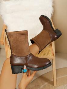 Women's Mid-Calf Boots, Suede & Leather Patchwork Color Block Chunky Heel Fashion Boots, Commute & Street Wear Versatile Women's Shoes - Brown - View 1