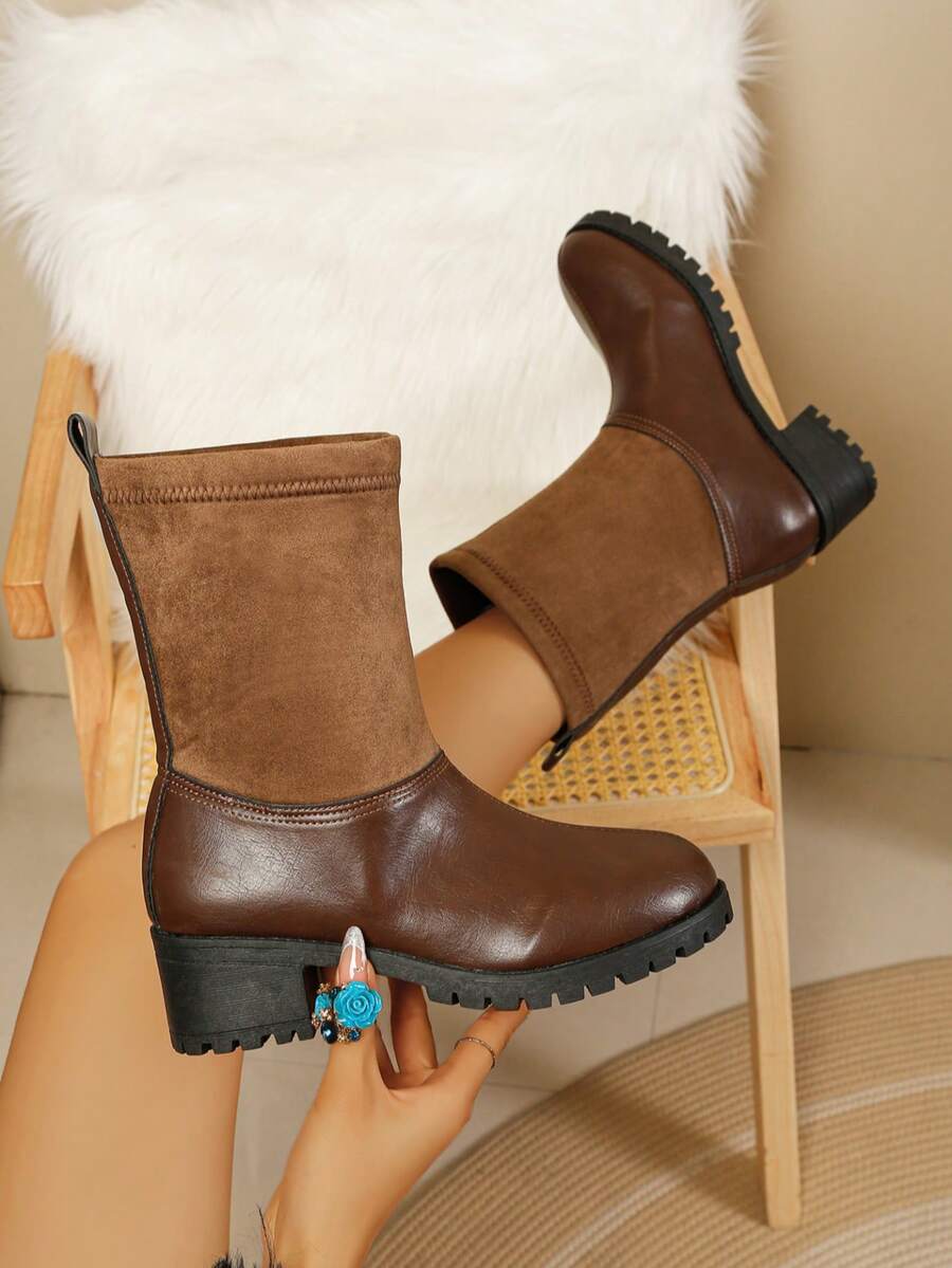 Women's Mid-Calf Boots, Suede & Leather Patchwork Color Block Chunky Heel Fashion Boots, Commute & Street Wear Versatile Women's Shoes - Brown - View 1
