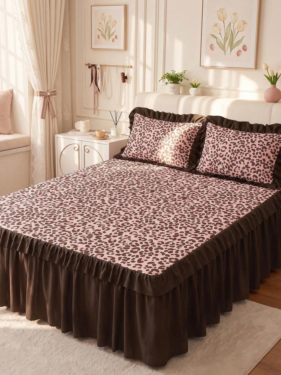 1pc Ruffle Bed Skirt, Pink Leopard Print Bedding, Bed Cover, Mattress Protector, Room Decor, Home Textile, Soft Breathable Comfortable Lightweight, Suitable For Single/Double/Queen/King Size Bed, Dust-Proof Anti-Slip, All Season, Machine Washable