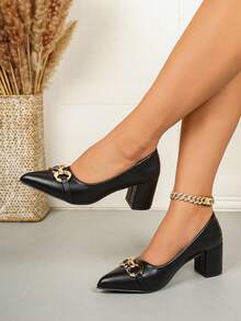 Elegant Versatile Pointed Toe Chunky Heel Pumps For Women, Autumn New Metal Buckle Professional High Heels - Black - View 2