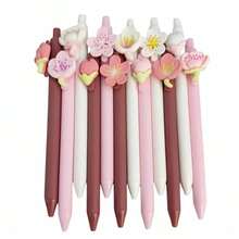 Cute Floral Gel Pen Set For Women, Pink Flower Ballpoint Pens, Kawaii Aesthetic Decorative Black Ink Pens, Fun Stationery Desk Accessories - A - View 2