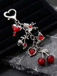 Y2K Dark Sweet Keychain, Silver Alloy Bag Charm With Drip Heart, Cherry & Dragon Pendant, Heart Clasp Backpack Ornament, Daily Accessory - Multicolor - View 9