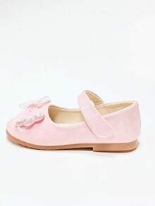 1 Pair Girls' Soft Nude Pink Princess Mary Jane Shoes With Hook And Loop, Mesh, Rhinestone Bow, Versatile For Birthday Party, Performance And Everyday Wear - Pink - View 3