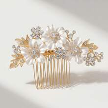 Bridal Floral Rhinestone Hair Comb, Alloy Material 3D White Flower Embellished Hair Comb, Elegant Hair Accessory For Wedding Dress And Formal Updo, Gold And Silver Colors Available - Multicolor - View 4