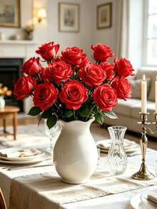 40pcs Artificial Rose Bouquet, Silk Faux Flowers, Realistic Long Stem Rose Bouquet, Suitable For Wedding Decor, Bridal Shower Centerpiece, Floral Arrangement, Party Home Dining Table Decor, Birthday Decor, Wedding Decor, Christmas Decor, Valentine's Day, Christmas, Thanksgiving Decor, Birthday Gift, Anniversary Decor. - Red - View 9