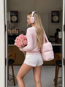 Áo cardigan len đan màu hồng cho mùa Thu/Đông, cổ chữ V, viền ren, áo len basic - Hồng - Xem 3