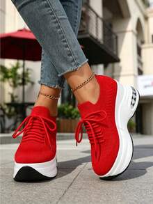 WTKMRSSTEP Spring/Summer New Women's Platform Lace-Up Casual Shoes, Breathable Commuter Versatile Shoes - Red - View 5
