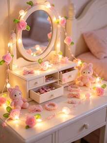 200cm/78.74in LED Pink Pearl String Lights | Pink Rose Design With Green Leaves, Suitable For Valentine's Day, Office Decor, Room Decor, Party, Wedding, Gift And Graduation Ceremony Decoration - Battery Not Included - Green Leaf Rose - View 2