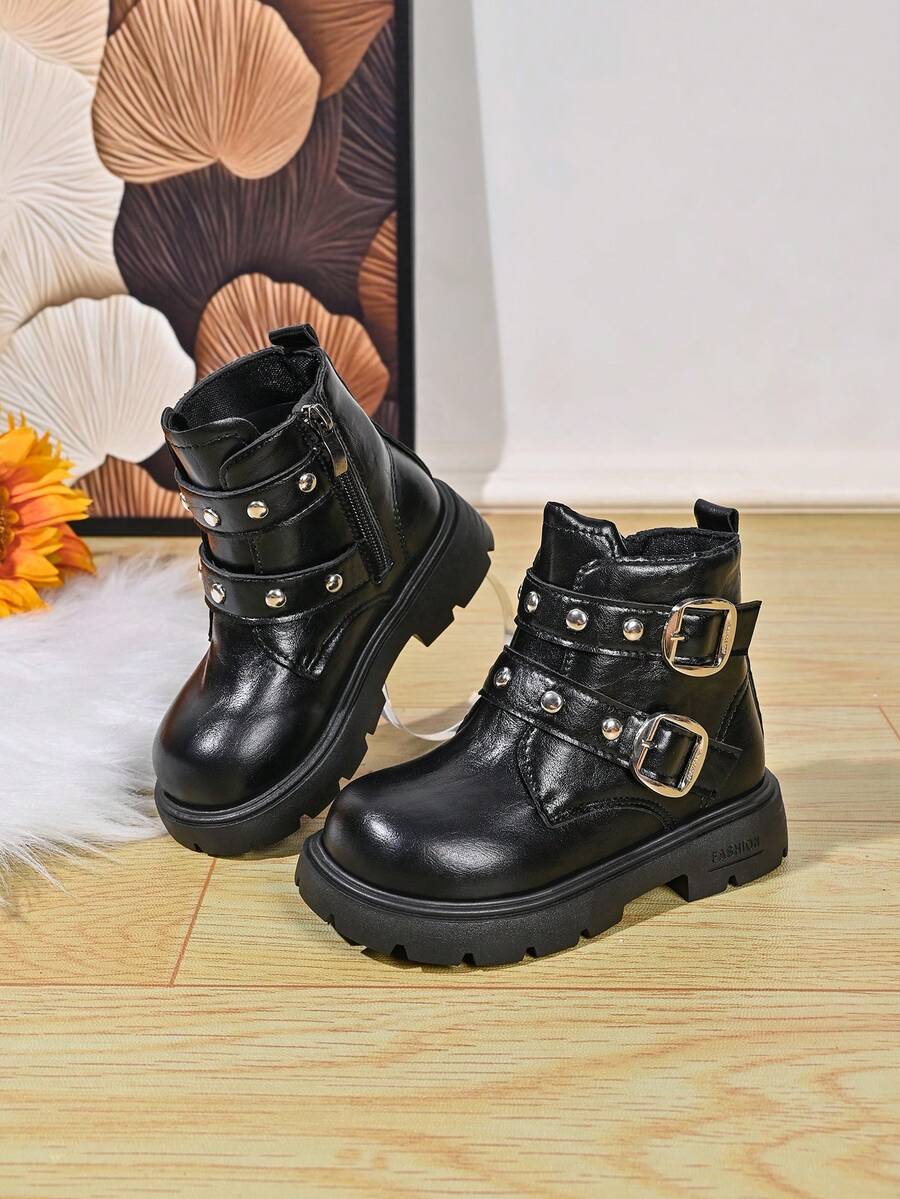 Girls' Autumn/Winter Rivet Buckle Ankle Boots With Side Zipper, Thick Sole, Anti-Slip, Casual Boots For Toddlers - Black - View 1
