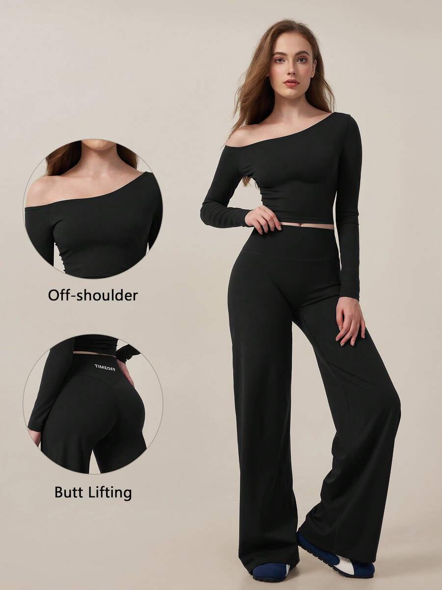 TimeOff Women's One Set Autumn/Winter Solid Color Asymmetrical Shoulder Fitted Top And High-Waist Wide-Leg Pants, Suitable For Yoga And Pilates - Black - View 1