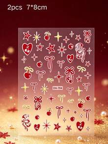 1pc/2pcs Christmas Winter New Embossed Nail Stickers, Red & Gold Cherry Heart Bow Star Nail Art Decals - Multicolor - View 5