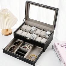 Multifunctional Watch Box, 12 Slots With Drawer Watch Display Box, Men's Watch Box With Glass Lid, Double Layer Jewelry And Watch Storage Box, Unisex, Black, Christmas Gift - Multicolor - View 11