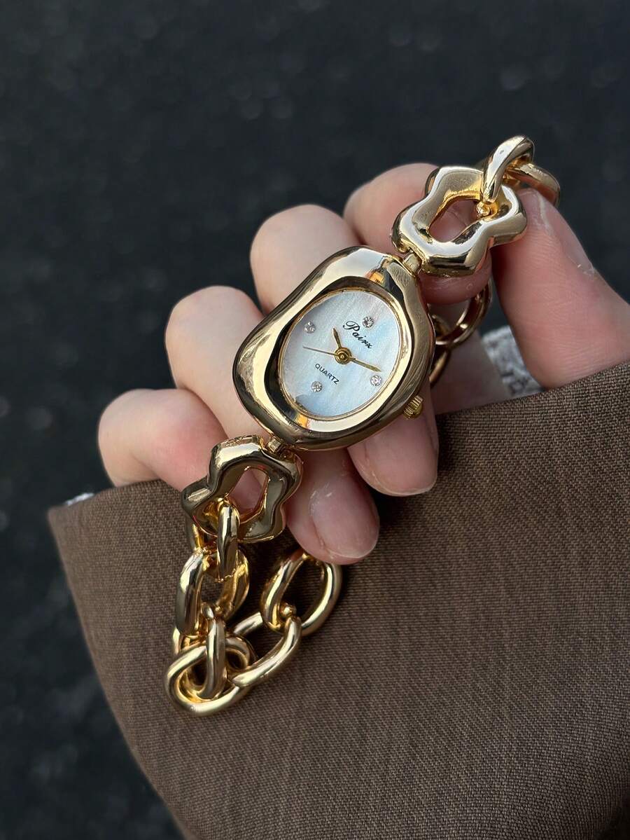 1件女款金色調不規則石英手錶 白色錶盤 鑲鑽刻度 時尚優雅 日常佩戴 - 金色 - 查看 1