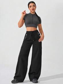 Women's Black Cargo Pants With Drawstring Elastic Waist, Wide Leg, Zipper And Flap Pockets, Casual Sport Style - Black - View 7