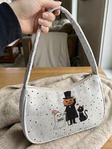 1pc Halloween Theme Print Corduroy Shoulder Bag, Underarm Bag, Large Capacity Storage, Zip Closure Y2K Baguette Handbag For Daily Travel Gift - Multicolor - View 14