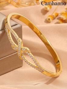 Camhanno 3/1pc Copper Material, Gold Inlaid Diamond Bracelet, Women's Light Luxury Bamboo Knot Twisted Pattern Design, High-End Feeling, Layered Bracelet - Gold - View 13