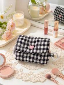 1pc Sweet Plaid Earphone Storage Pouch Heart Quilted Lipstick Bag Lightweight Earbud Holder Bag With Key Ring Portable Mini Coin Purse & Earbud Case - Multicolor - View 8